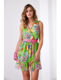 Light patterned dress with a belt, green and pink 03040 - Online store - Boutique